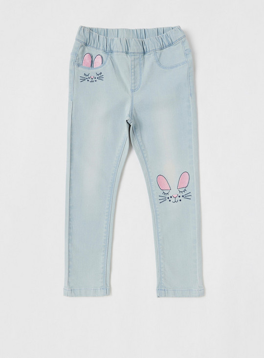 Solid Jeggings with Rabbit Embroidered Detail