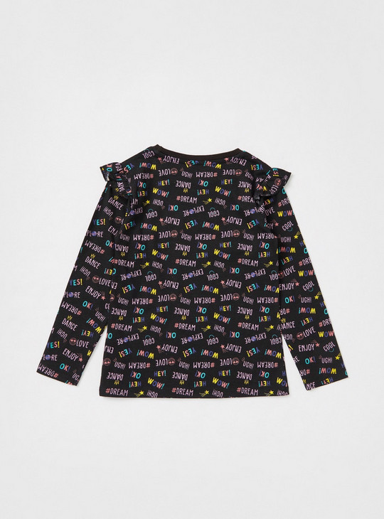 All-Over Print BCI Cotton T-shirt with Long Sleeves and Frill Detail