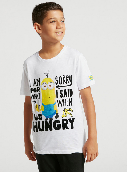 Minions Graphic Print T-shirt with Round Neck and Short Sleeves