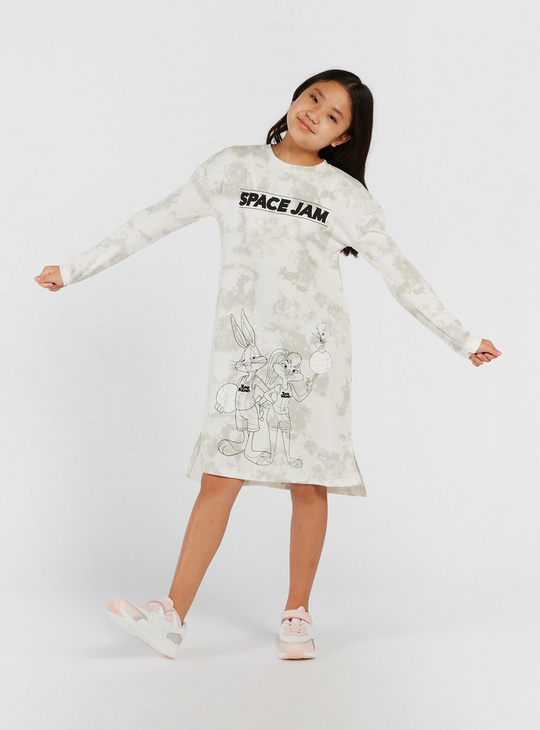 All-Over Looney Tune Print Dress with Long Sleeves