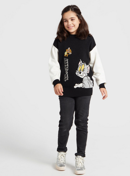 Tom and Jerry Print Sweater with Crew Neck and Long Sleeves