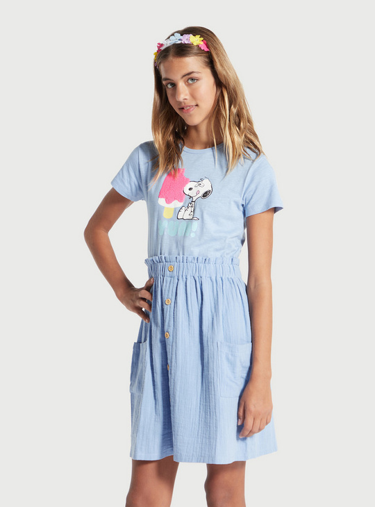 Snoopy Print A-line Dress with Round Neck and Pocket Detail
