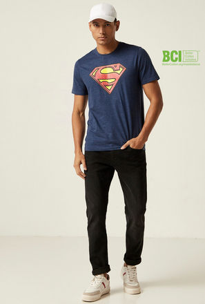Superman Logo Print Crew Neck T-shirt with Short Sleeves