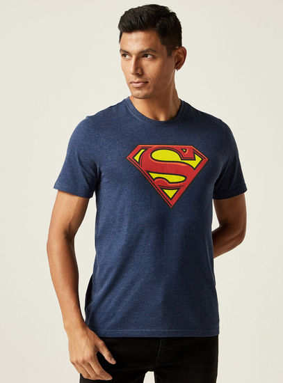 Superman Logo Print BCI Cotton Crew Neck T-shirt with Short Sleeves