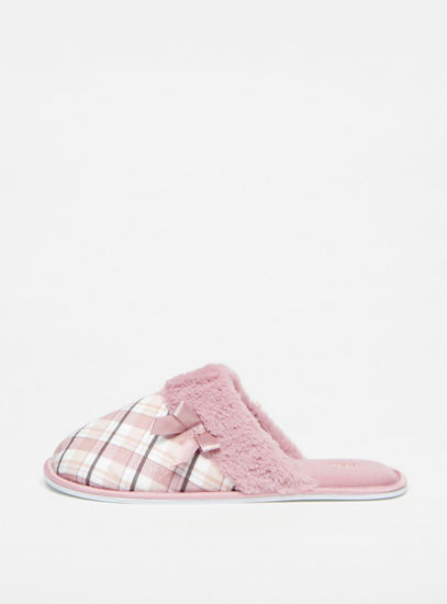 Checked Slip-On Bedroom Slippers with Bow Detail