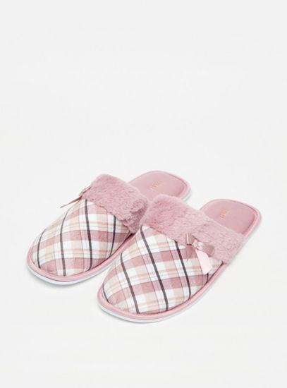 Checked Slip-On Bedroom Slippers with Bow Detail