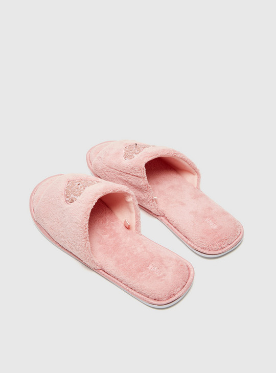 Plush Slides with Heart Sequin Detail