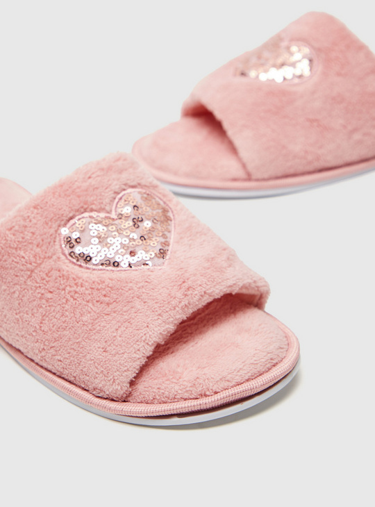 Plush Slides with Heart Sequin Detail