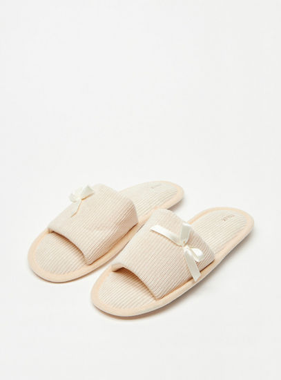 Ribbed Slip-On Bedroom Slippers with Bow Accent
