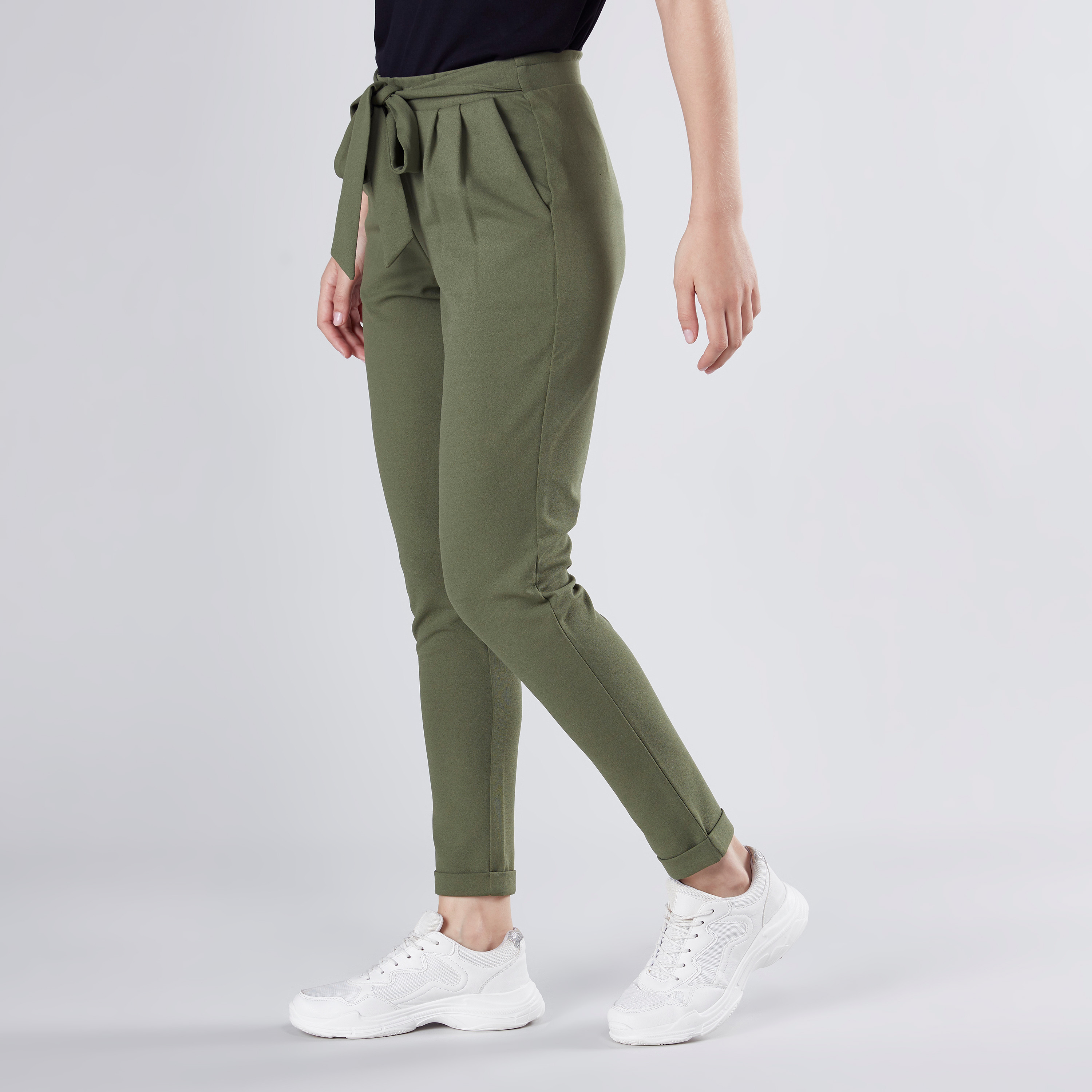 Shop Plain Mid Waist Pants with Tie Ups and Pocket Detail Online