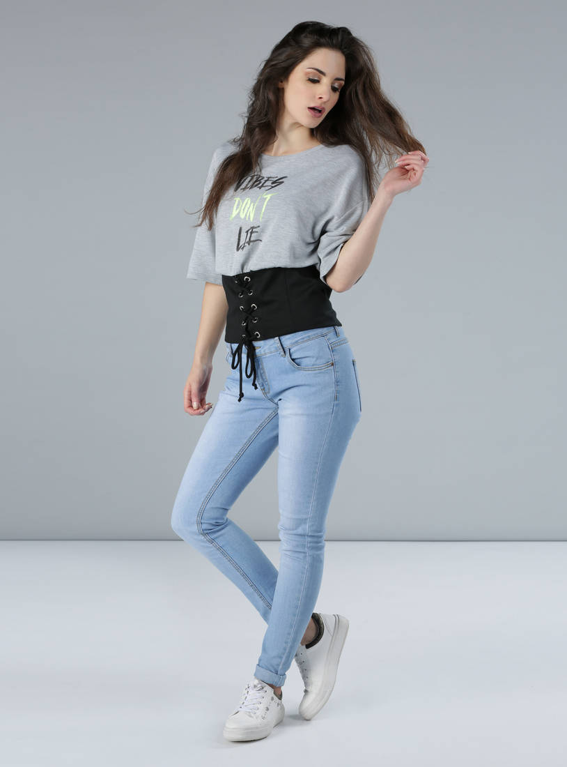 Shop Printed T-Shirt with Corset Tie-Up Detail Online