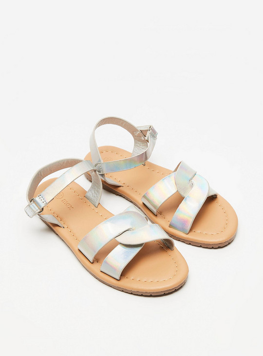 Glossy Flat Sandals with Hook and Loop Closure