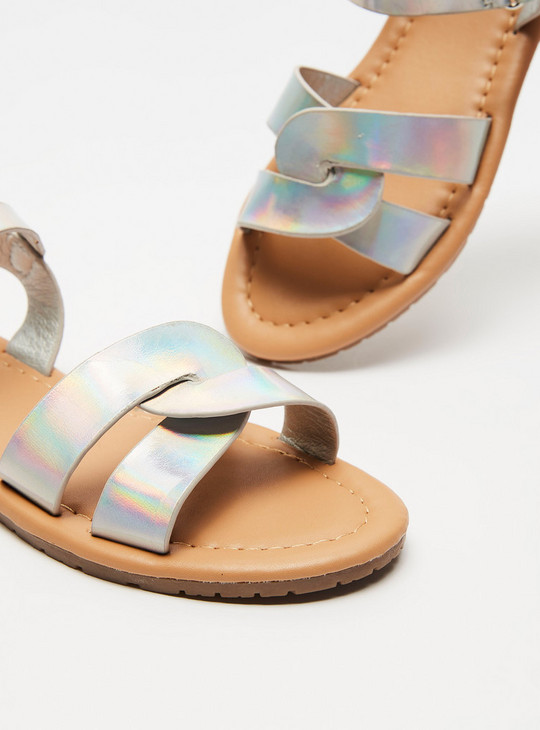 Glossy Flat Sandals with Hook and Loop Closure