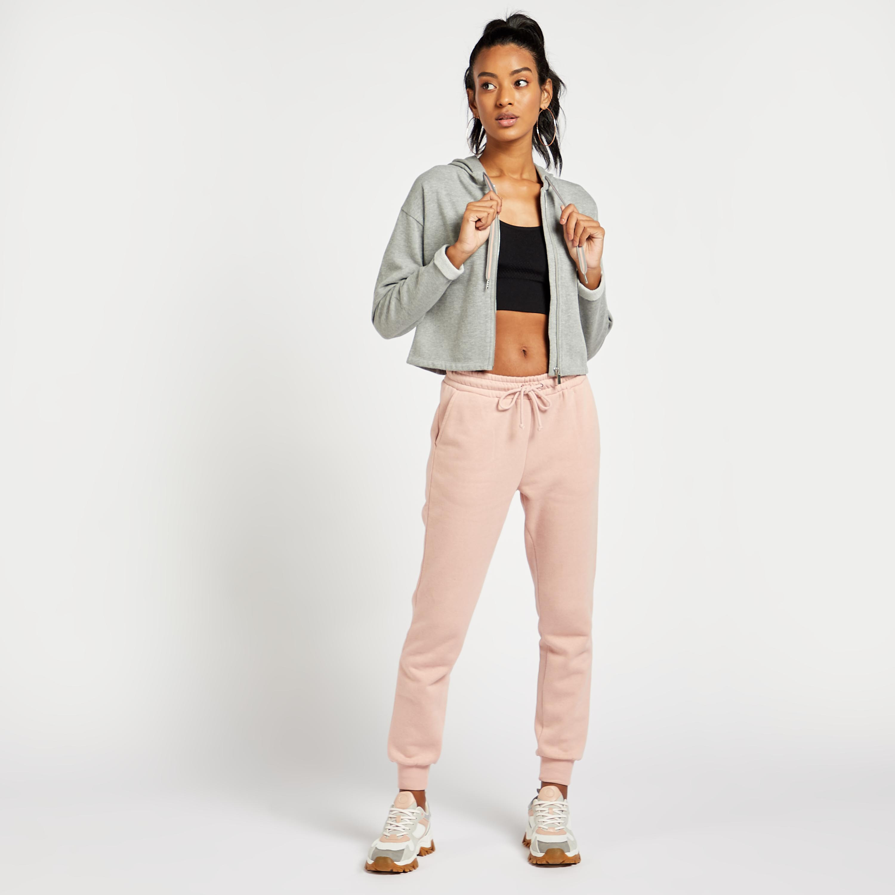 Shop Solid Cropped Hoodie with Long Sleeves and Zip Closure Online