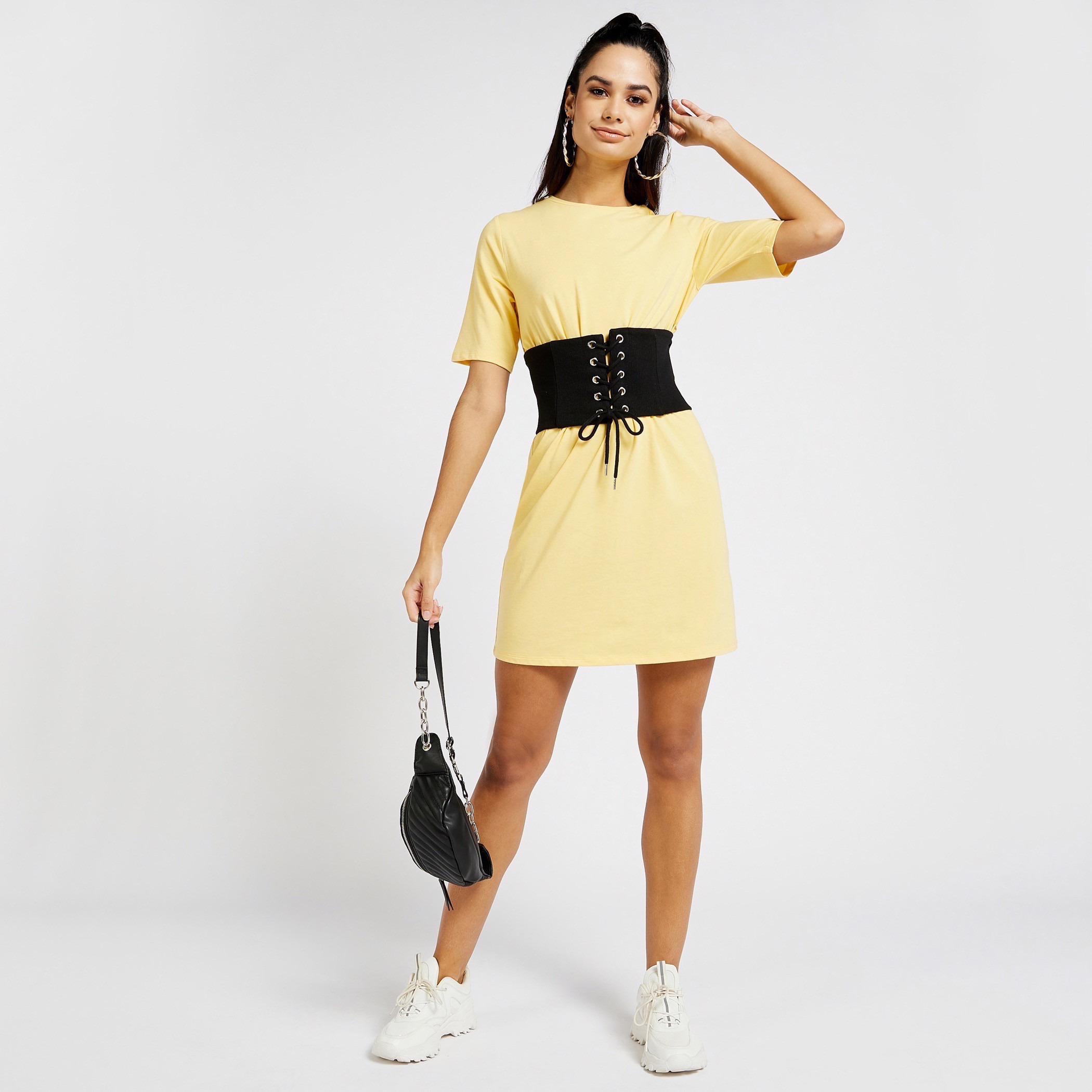 Shop Solid Mini T shirt Dress with Short Sleeves and Corset Online Max Bahrain