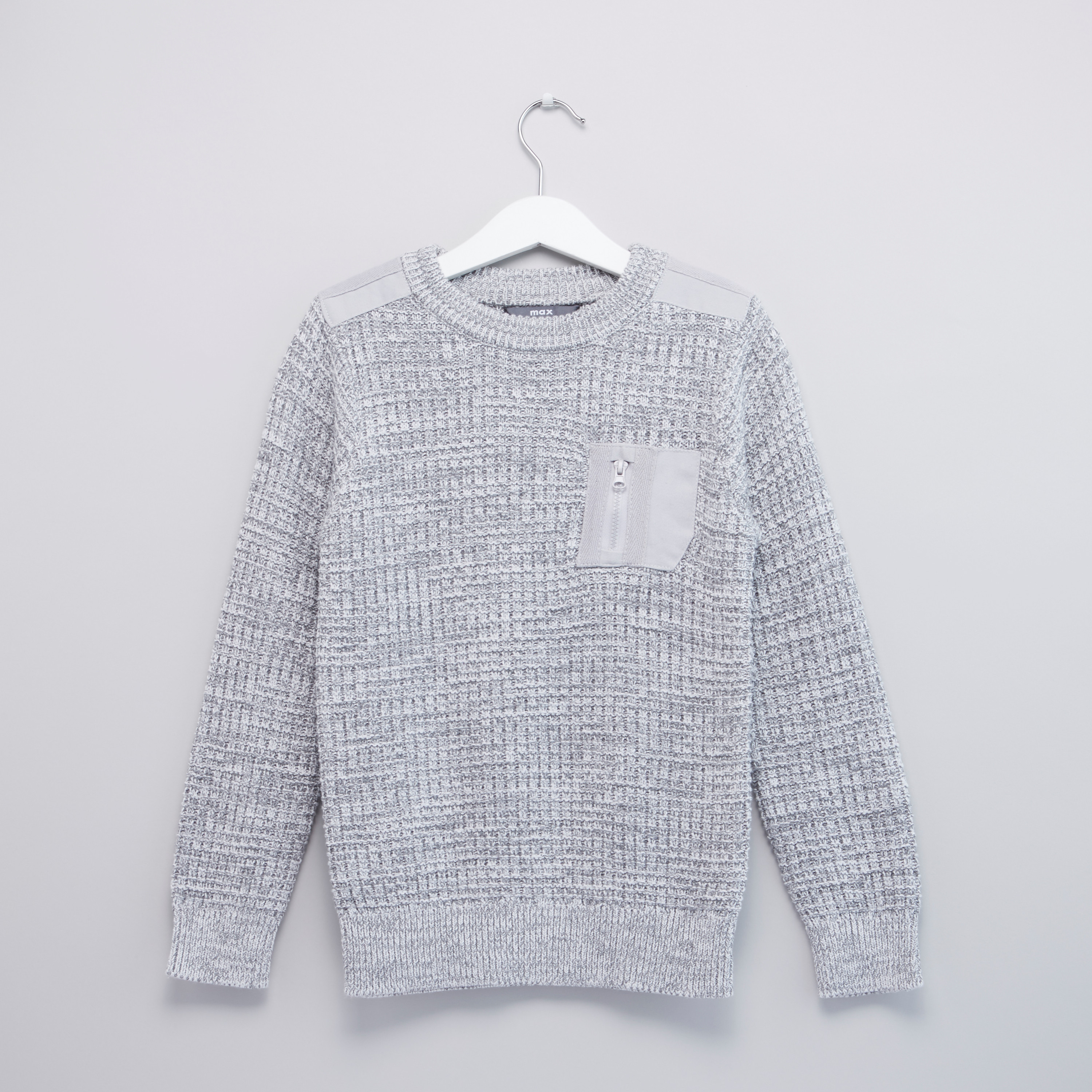 Shop Textures Sweater with Round Neck and Long Sleeves Online 
