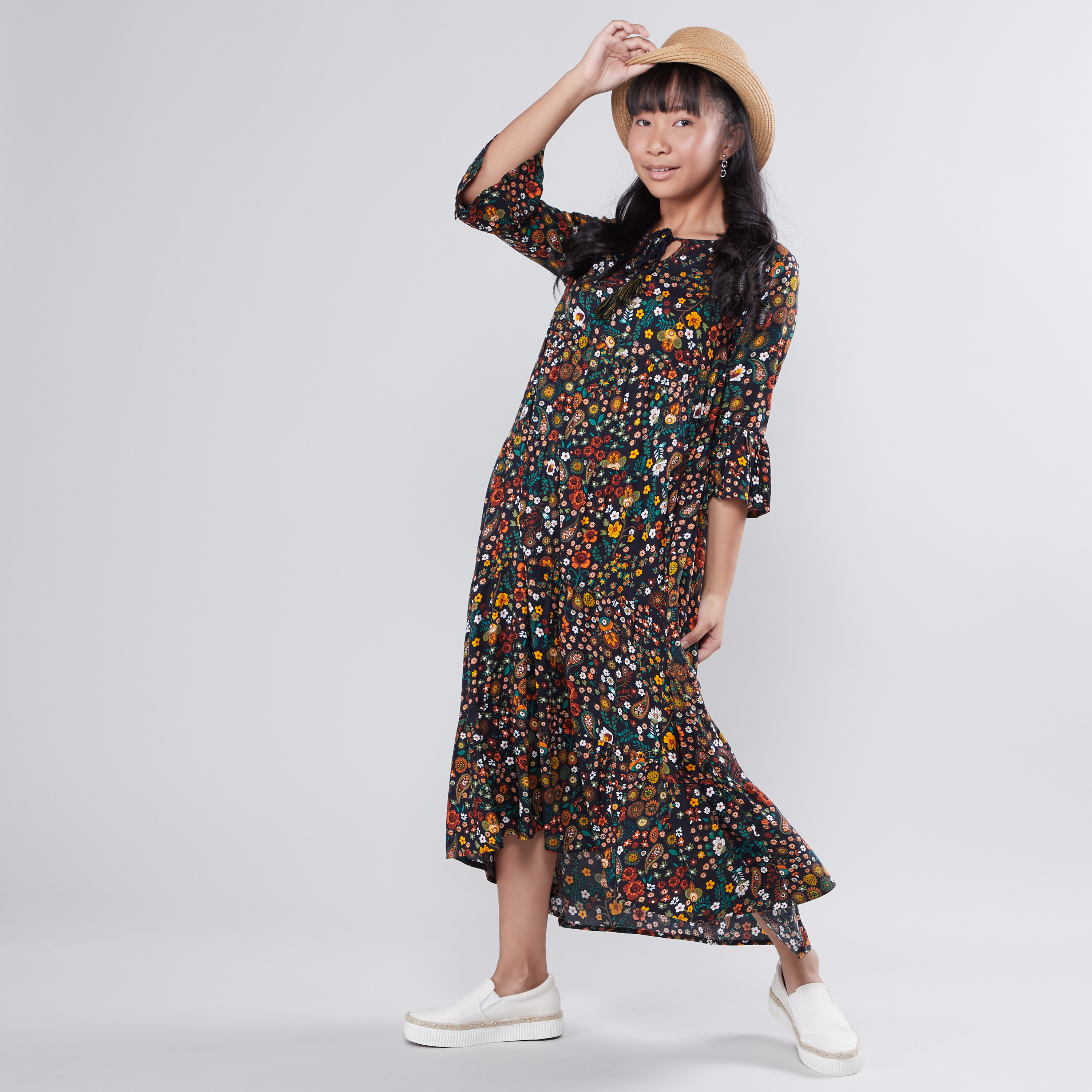 Shop Floral Printed Maxi Dress with 3 4 Sleeves and Tie Ups Online Max Bahrain