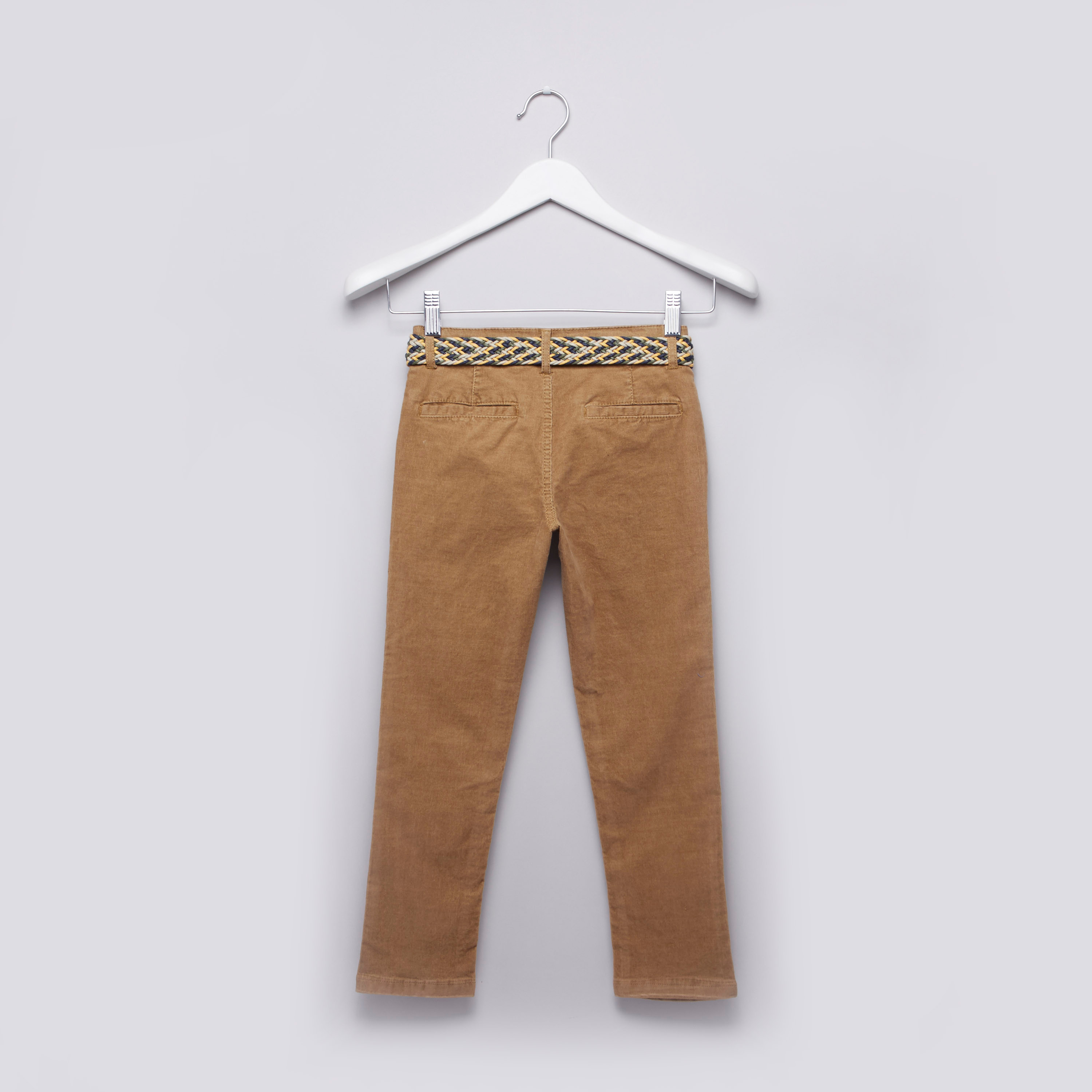 Shop Textured Full Length Pants with Belt and Pocket Detail Online 