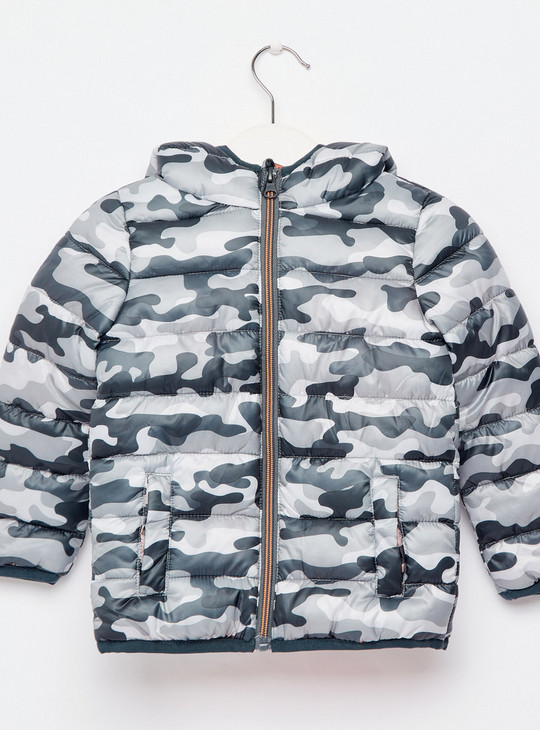 Camouflage Print Padded Jacket with Long Sleeves and Hood