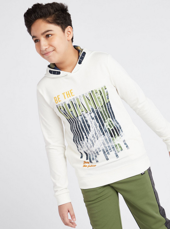 Typographic Print Hoodie with Long Sleeves and Embroidery Detail