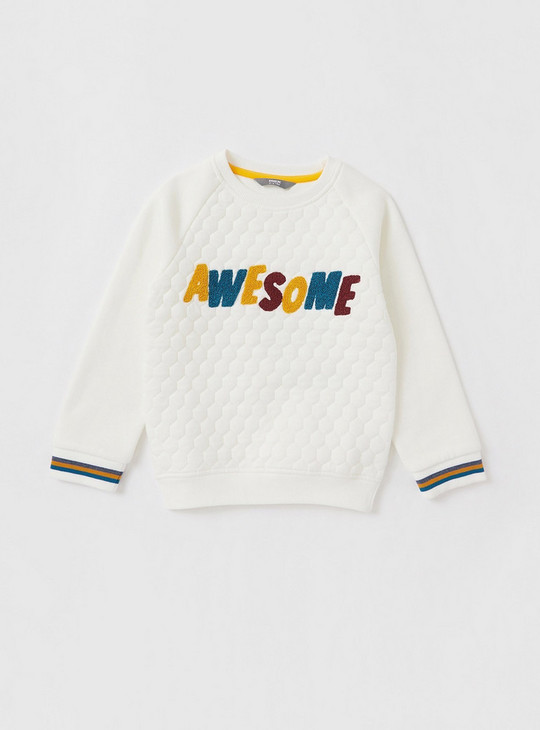 Quilted Sweatshirt with Text Embroidery and Long Sleeves