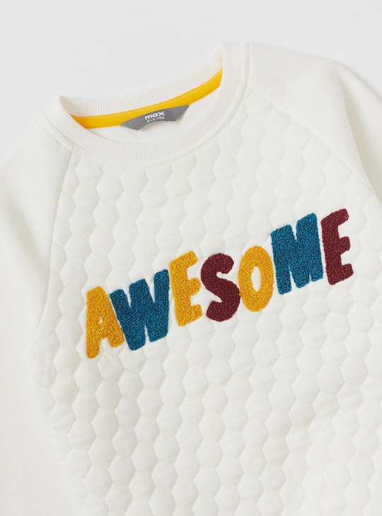 Quilted Sweatshirt with Text Embroidery and Long Sleeves