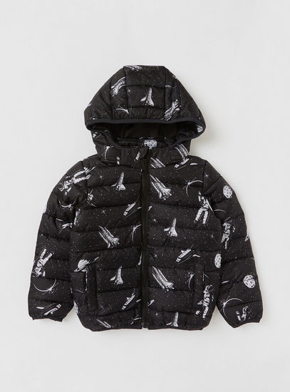 All-Over Print Zip Through Puffer Jacket with Hood and Long Sleeves