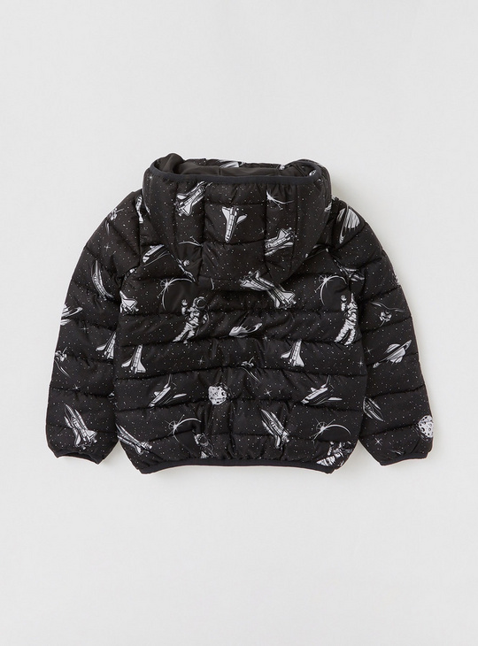 All-Over Print Zip Through Puffer Jacket with Hood and Long Sleeves