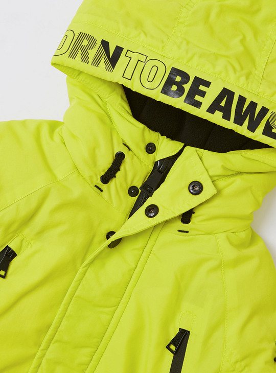 Solid Parka Jacket with Text Print Hood