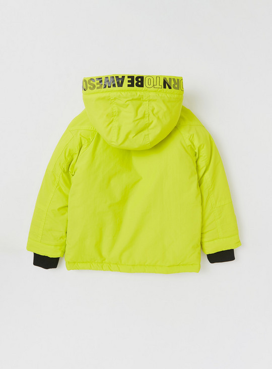 Solid Parka Jacket with Text Print Hood