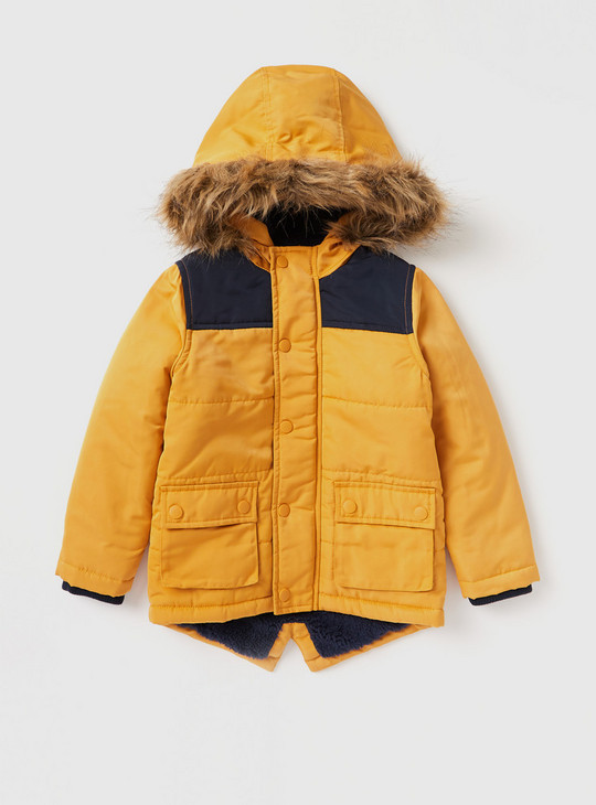 Cut and Sew Parka Jacket with Fur Trim Hood