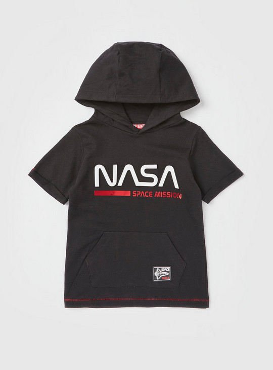 NASA Print Hooded T-shirt with Short Sleeves