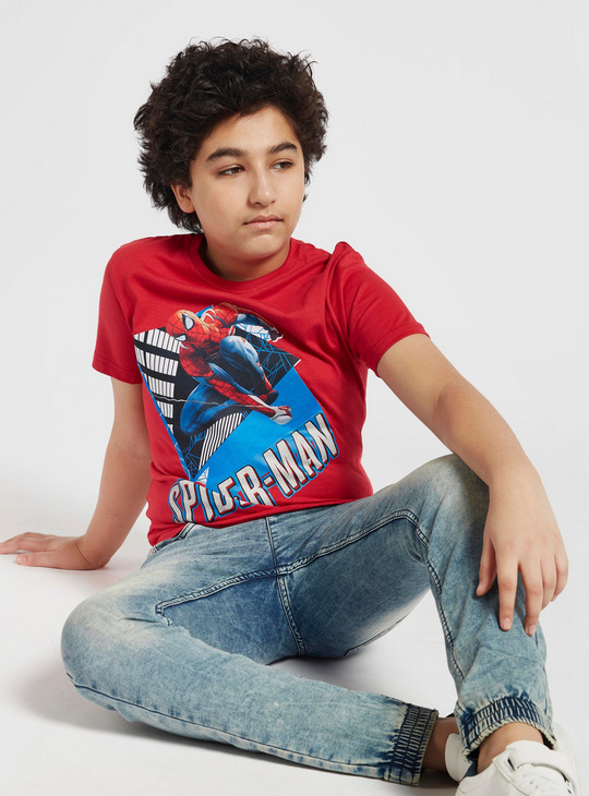Spider-Man Print T-shirt with Round Neck and Short Sleeves