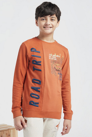 Printed Sweatshirt with Round Neck and Text Embroidery Detail