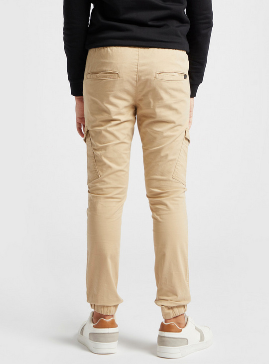 Solid Cargo Jog Pants with Drawstring Closure and Pockets