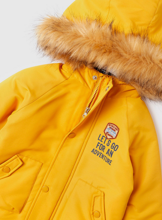 Solid Zip Through Parka Jacket with Long Sleeves and Fur Hood