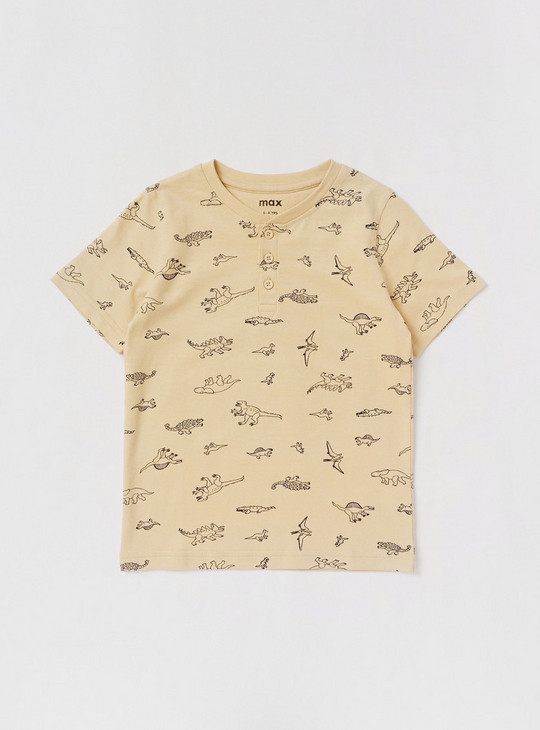 All-Over Dinosaur Print T-shirt with Henley Neck and Short Sleeves