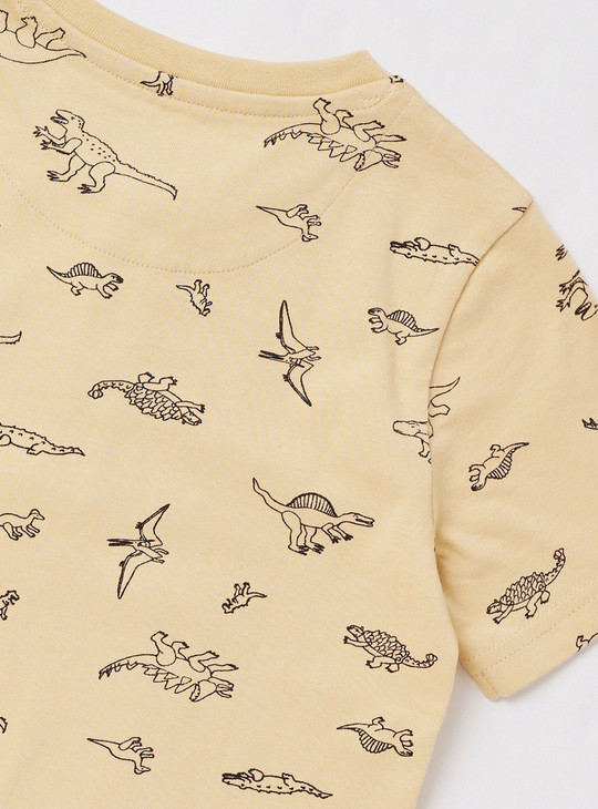 All-Over Dinosaur Print T-shirt with Henley Neck and Short Sleeves
