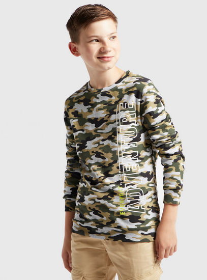 All-Over Camouflage Print Sweatshirt with Round Neck and Long Sleeves