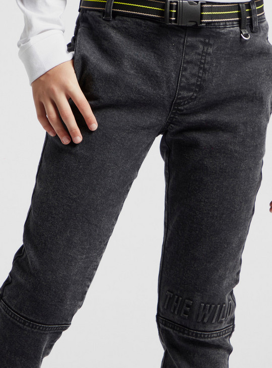 Solid Mid-Rise Denim Jog Pants with Embossed Detail