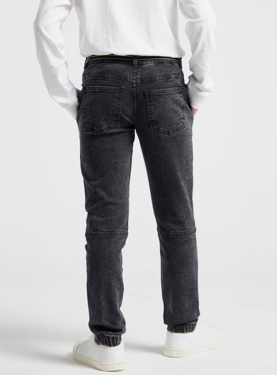 Solid Mid-Rise Denim Jog Pants with Embossed Detail