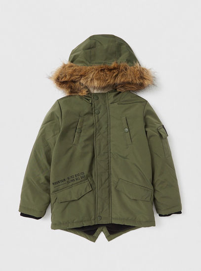 Solid Zip Through Parka Jacket with Hood and Plush Detail
