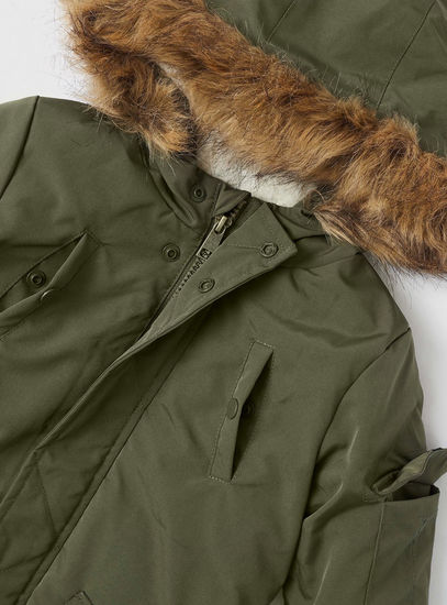 Solid Zip Through Parka Jacket with Hood and Plush Detail-Jackets-image-1