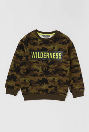 All-Over Camouflage Print Sweatshirt with Round Neck and Long Sleeves