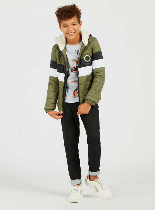 Text Print Puffer Jacket with Long Sleeves and Hood
