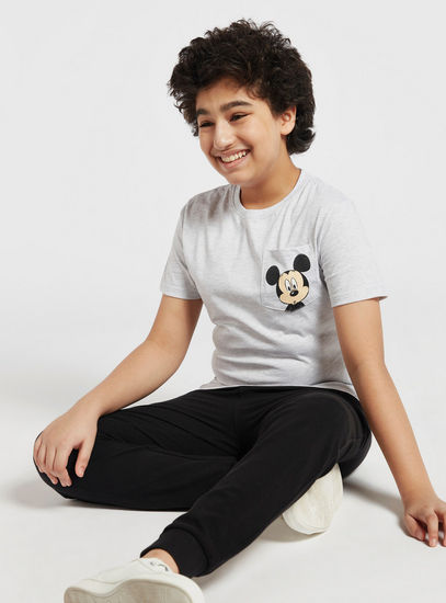 Mickey Mouse Print T-shirt with Round Neck and Patch Pocket