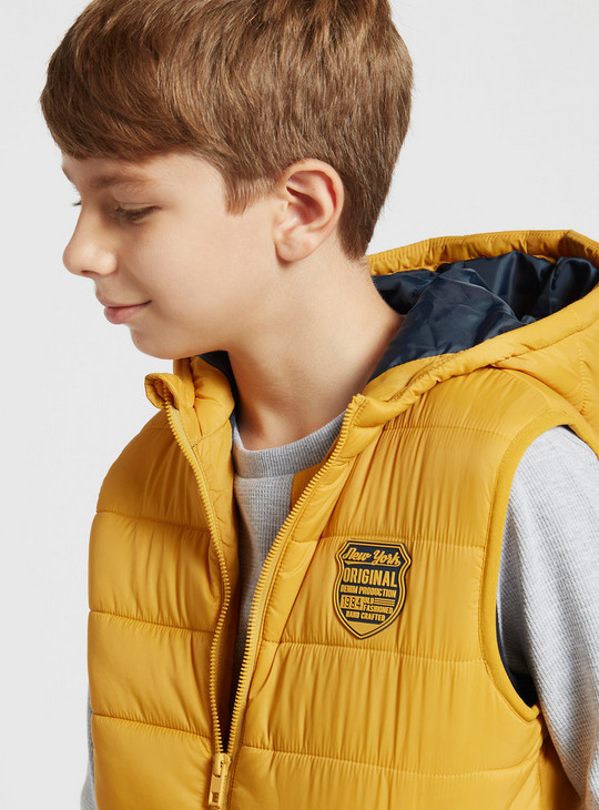 Solid Sleeveless Puffer Jacket with Zip Closure and Hood