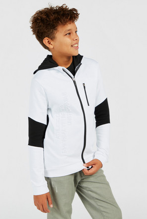 Text Embossed Zip Through Jacket with Hood and Long Sleeves