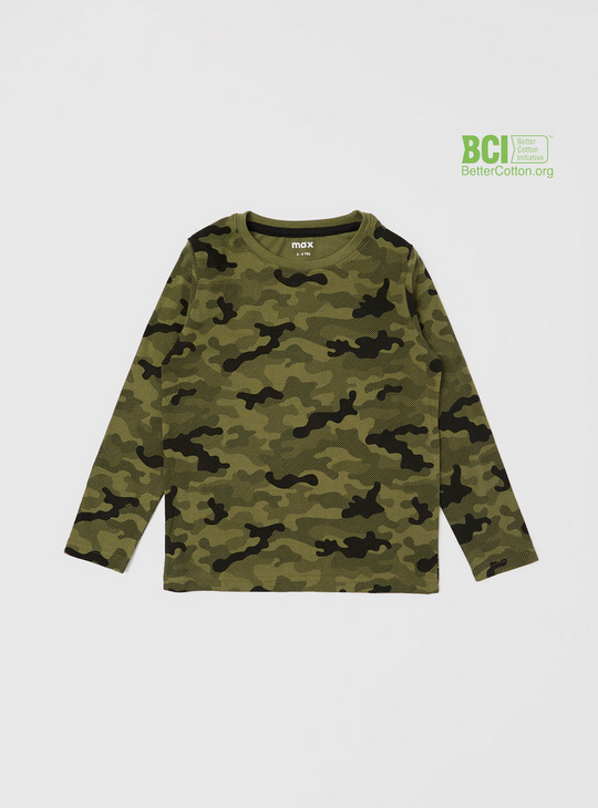 Camouflage Print BCI Cotton T-shirt with Round Neck and Long Sleeves