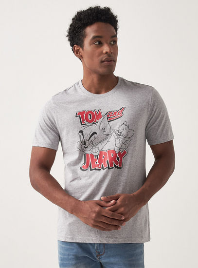 Tom and Jerry Print T-shirt with Short Sleeves and Crew Neck